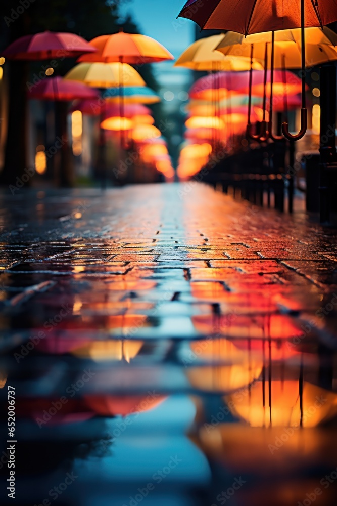 Rainy weather, colorful umbrellas, puddles, reflections
