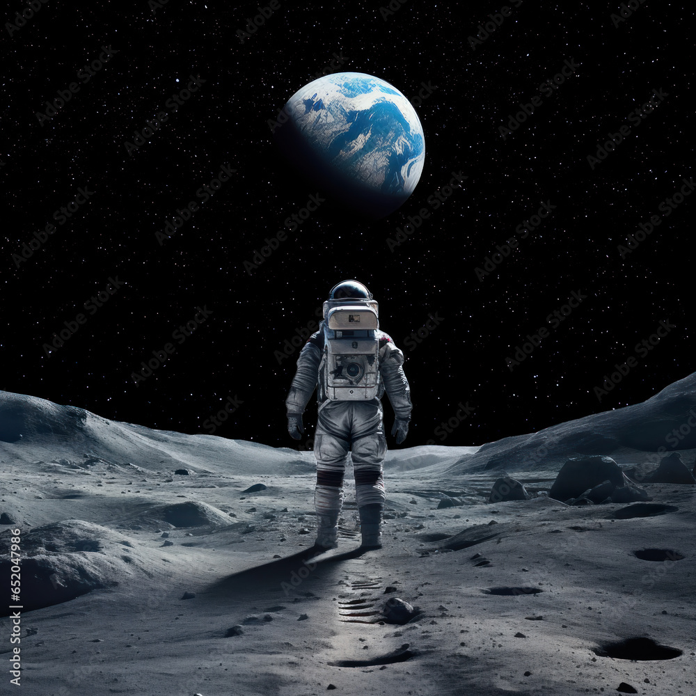 An astronaut stands on the moons surface, looking at Earth above in the black, starry sky