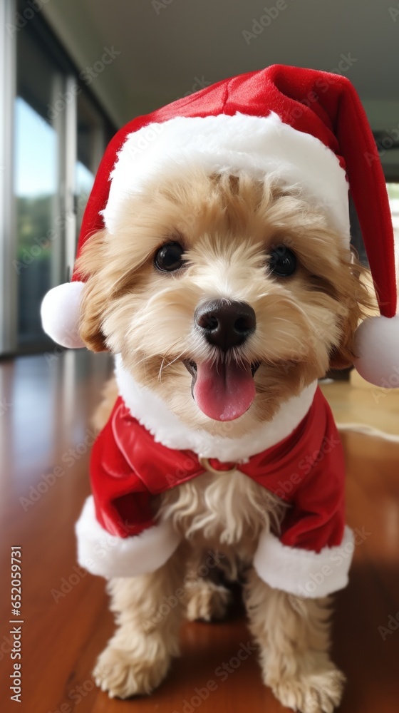 Happy dog posing in a Santa hat with his owner