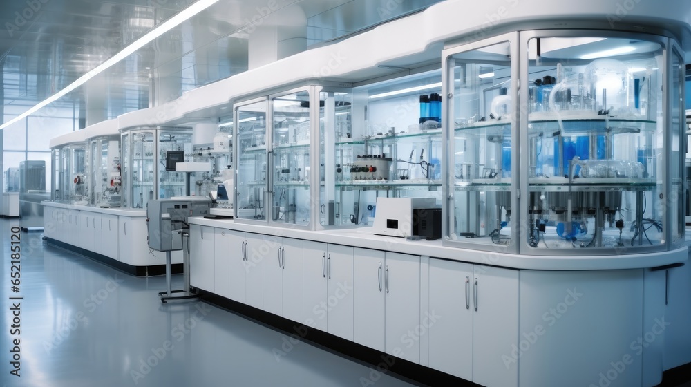 High-tech laboratory with advanced equipment inside a pharmaceutical manufacturing facility.