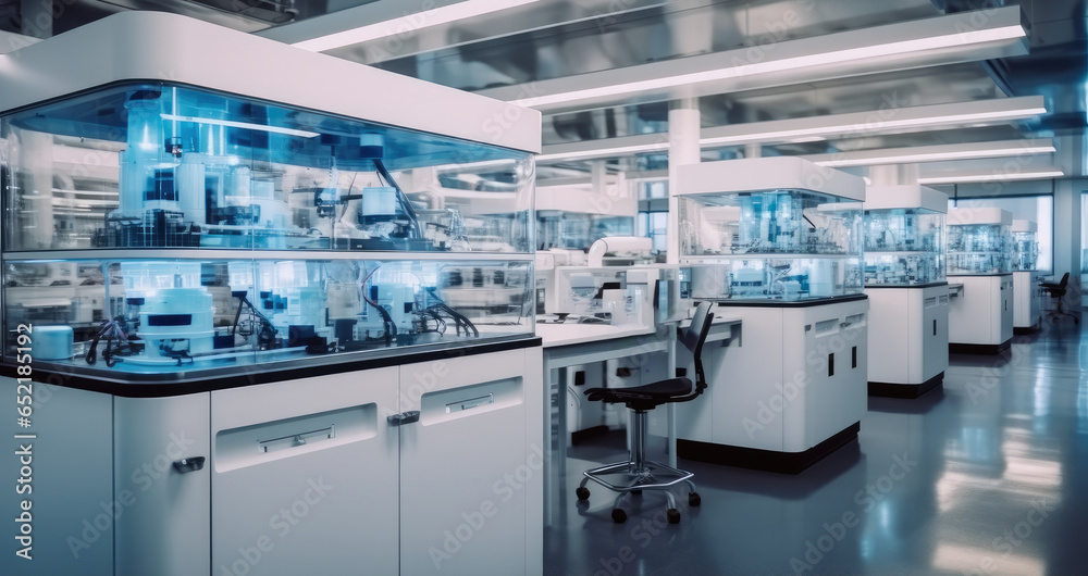 High-tech laboratory with advanced equipment inside a pharmaceutical manufacturing facility.