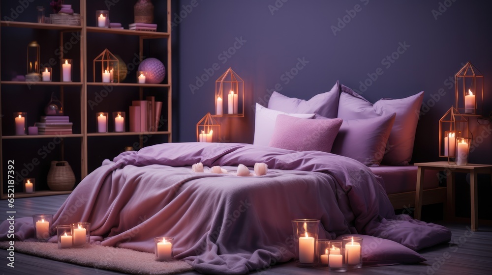 Romantic couple bedroom decor, Lights and purple theme.