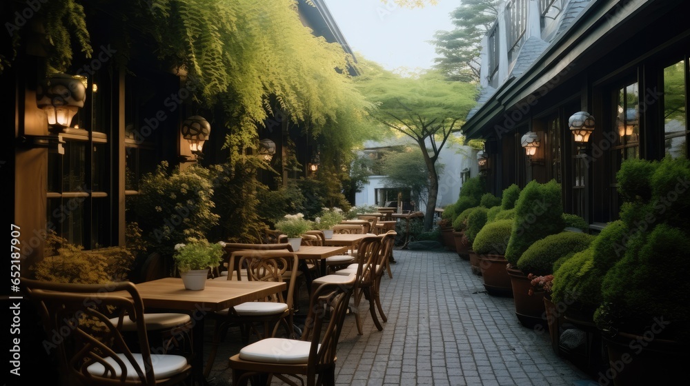 Outdoor seating and tables with flowers and greenery.
