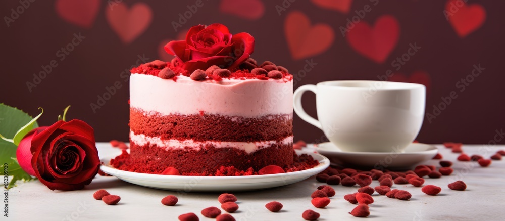 Valentine s Day dessert heart shaped red velvet cake with roses coffee on white background Close up shot