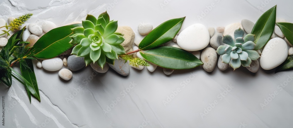 Various green plants and succulents arranged with white stones and candles potted on a concrete background Styled centerpiece for home gardening and cactus lovers