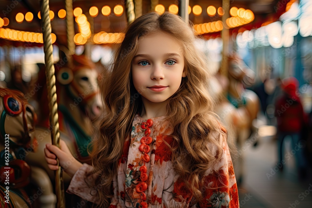 Portrait of a little cute girl in an amusement park.