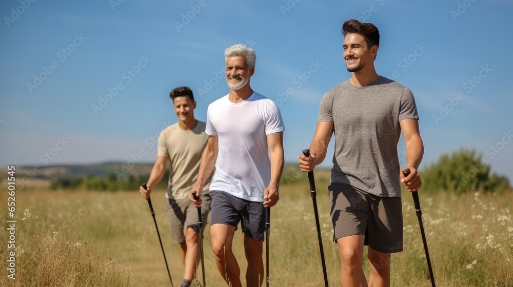 Group of men practicing Nordic walking with poles on rural road.