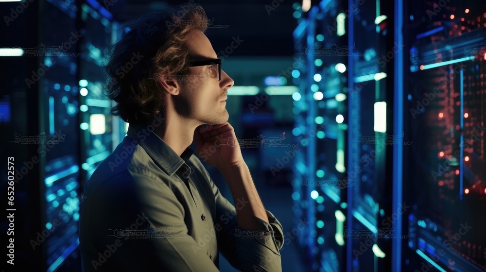 Man IT Administrator thinking about activating supercomputer server cabinets in data center.
