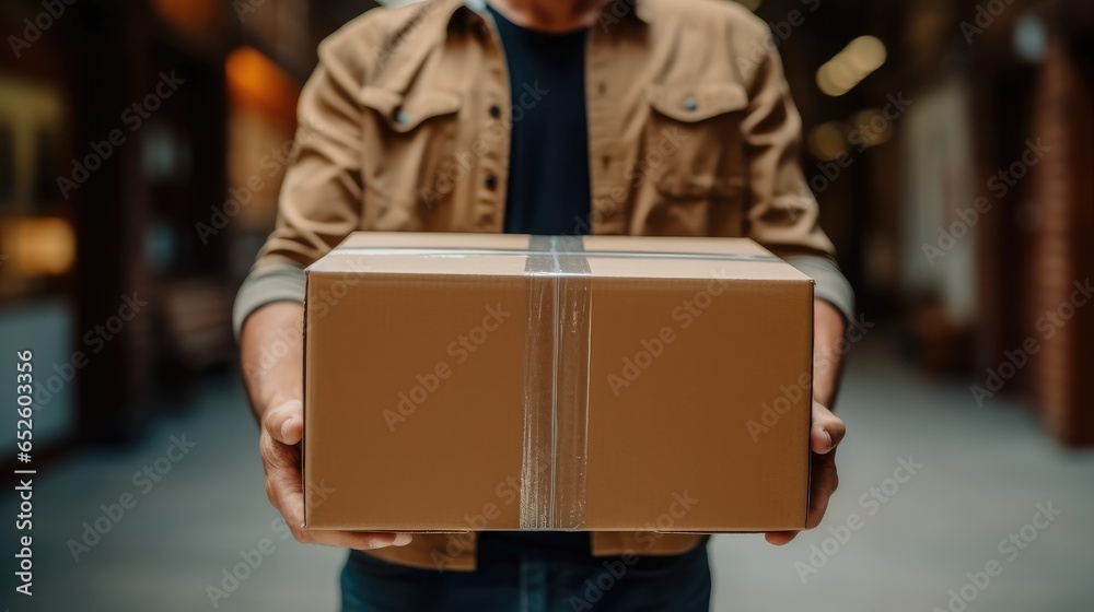 Courier holding cardboard box for delivery.