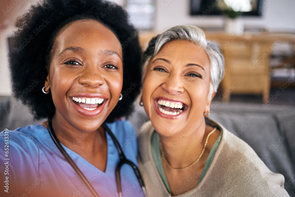 Selfie, face and assisted living caregiver with an old woman in the living room of a home together. Portrait, smile or support with a happy nurse or medical volunteer and senior patient in a house