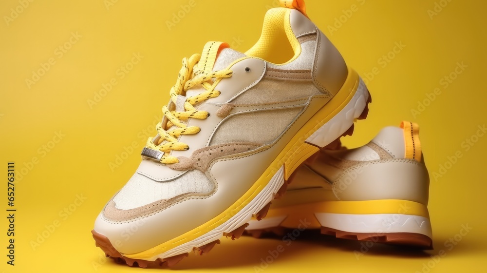 Beige sport men running shoes on bright solid yellow background.