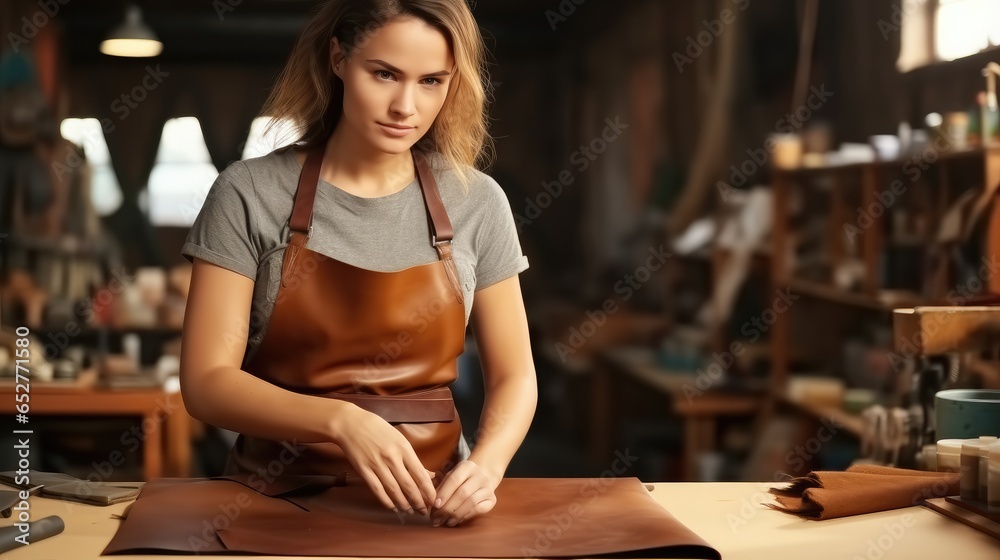 Young woman working in the leather workshop.
