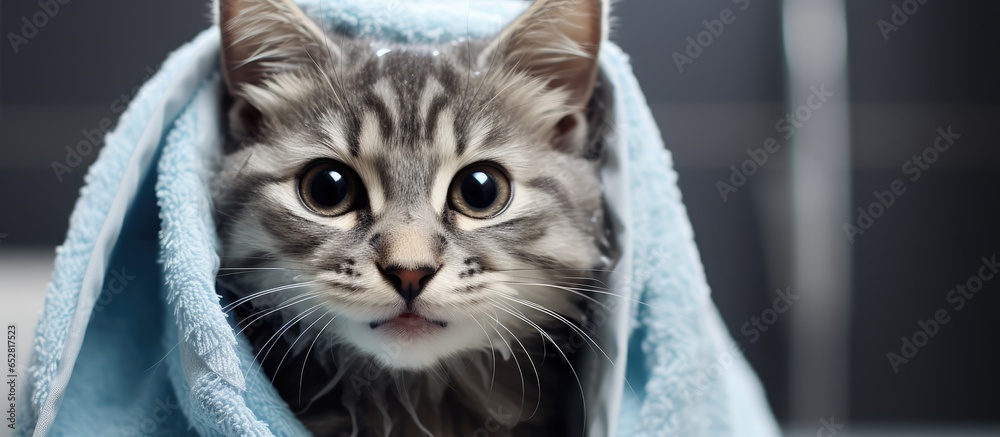 Freshly bathed adorable gray tabby kitten with big blue eyes wearing a towel on its head Perfect for pet and lifestyle ideas