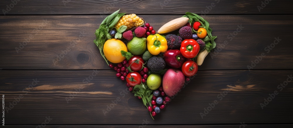 Food art featuring heart shaped creations made from assorted fruits and vegetables captured in a photograph on a rustic wooden surface