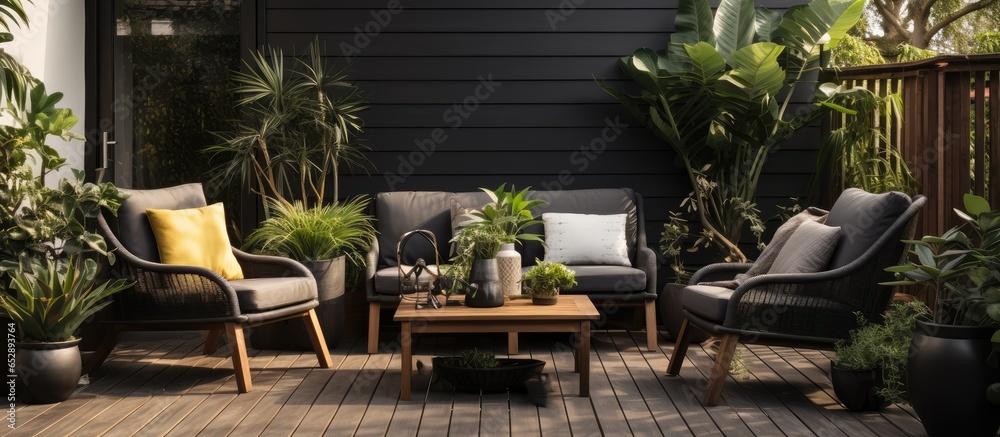 Modern outdoor lounge in backyard with wooden veranda cozy patio or balcony space with black Acapulco armchairs garland and plants pots