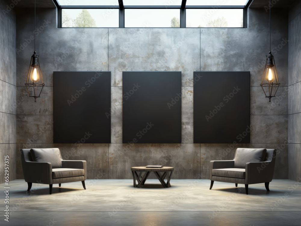 Modern living room interior with two armchairs and empty frames on concrete wall. Mock up. Generative AI