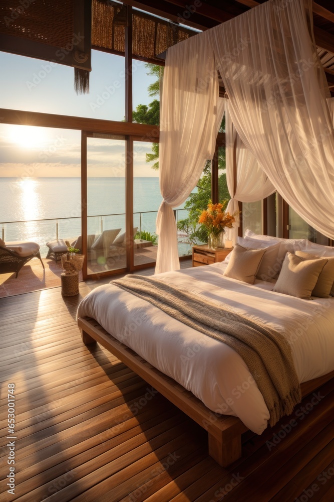 Luxurious bedroom with ocean view balcony