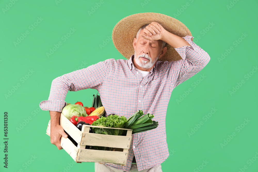 Tired mature male farmer with wooden box full of different ripe vegetables on green background
