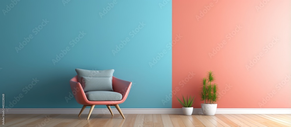 Contemporary living room with a blue armchair Coral wall and wooden floor depicted in 3D