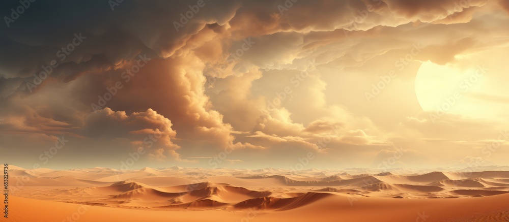 Rendered raster illustration depicting a fantasy desert with sand clouds during a sandstorm