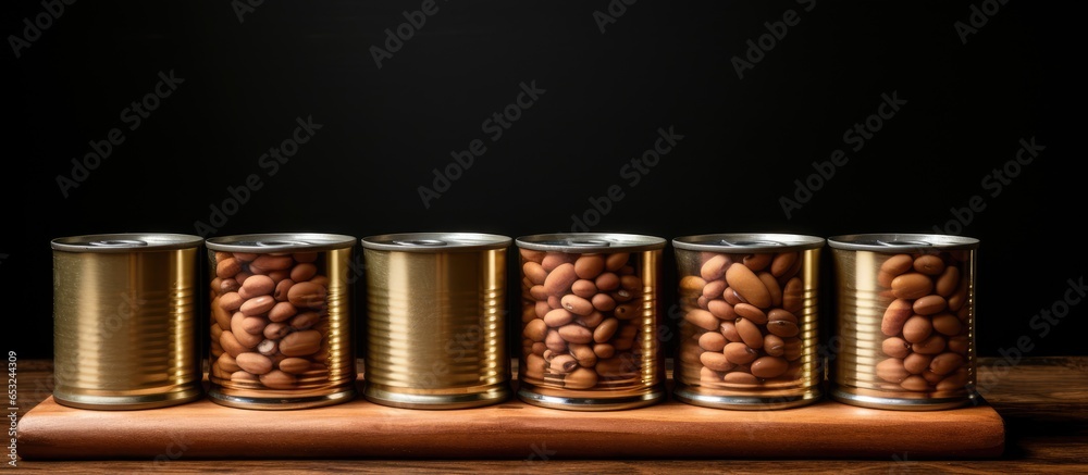 Kidney beans on a wooden table with tin cans