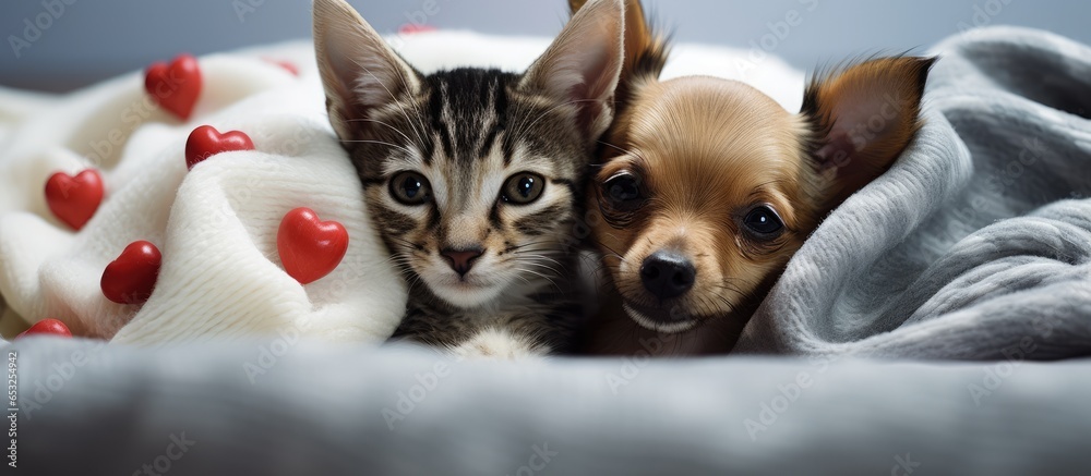 Kitten and puppy sleep with heart and stethoscope on bed at home