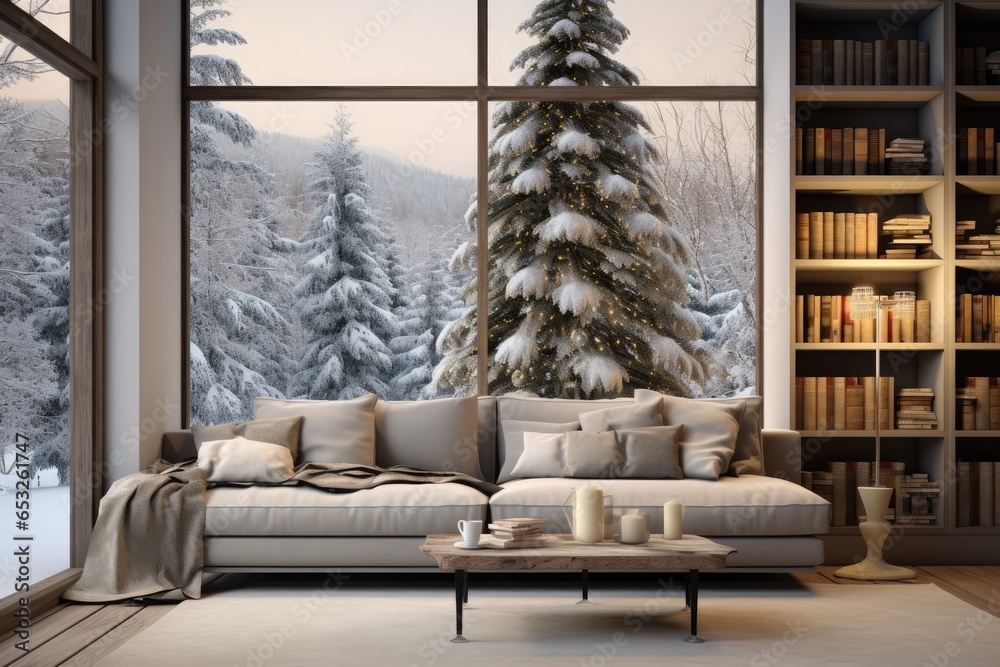 Stunning view from the living room of the winter landscape with snow-covered trees creating a picturesque and fabulous atmosphere of Christmas and the holiday season.