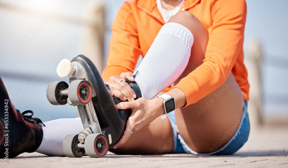 Woman, hands and shoes to roller skate outdoor for exercise, workout or training with wheels on sidewalk or ground. Start, sport and person with cardio, fitness or rollerskating gear in summer