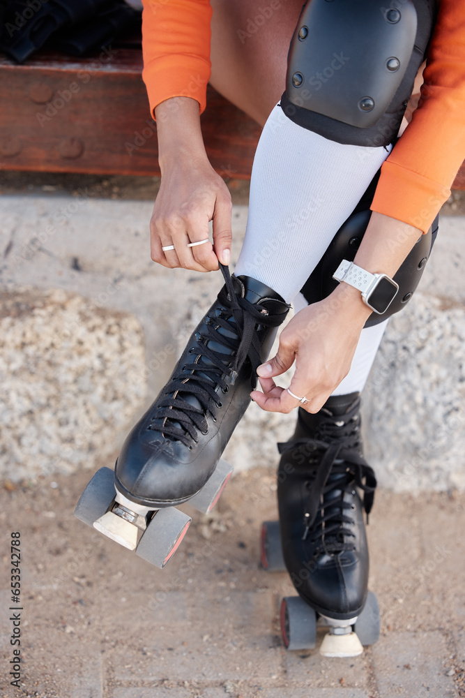 Roller skate, shoes and hands of woman outdoor with exercise, workout or training with wheels on sidewalk or ground. Fun, sport and start fitness with cardio, rollerskating and safety gear in summer