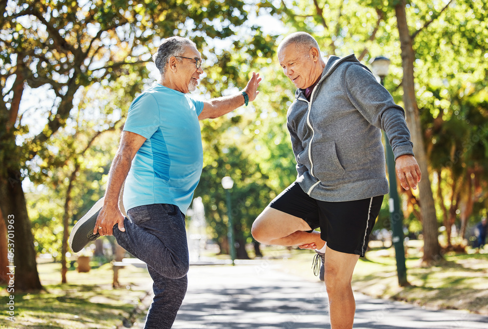 Senior man, friends and stretching in park for running, exercise or outdoor training together in nature. Mature people in body warm up, leg stretch or preparation for cardio workout or team fitness