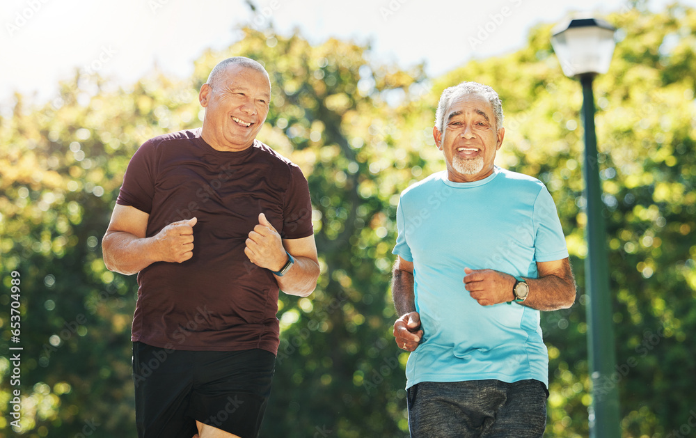 Senior man, friends and running in park for exercise or outdoor training together in nature. Happy mature people in body warm up, run or cardio workout in team fitness, motivation or healthy wellness