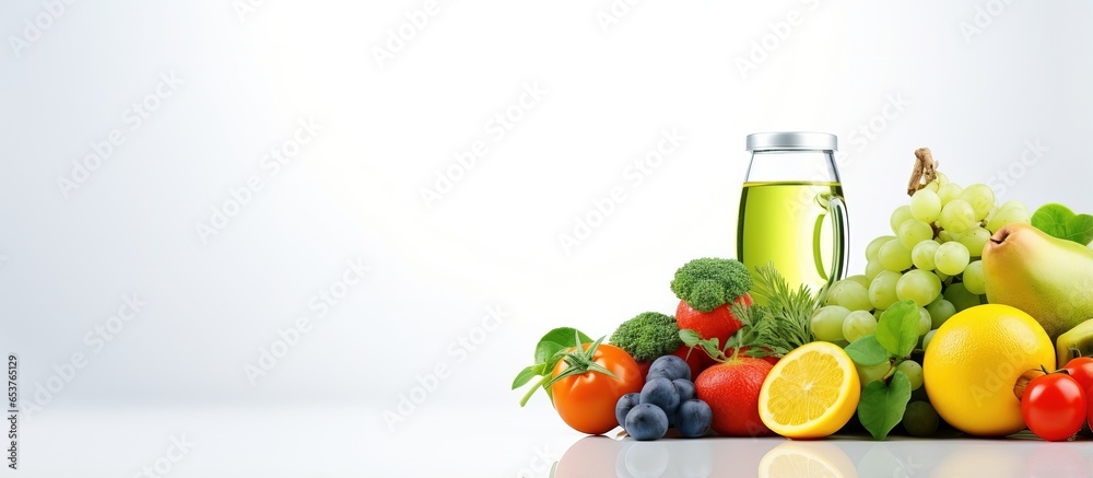 Top view of healthy lifestyle concept with fruits vegetables dumbbell tape measure and water on white table