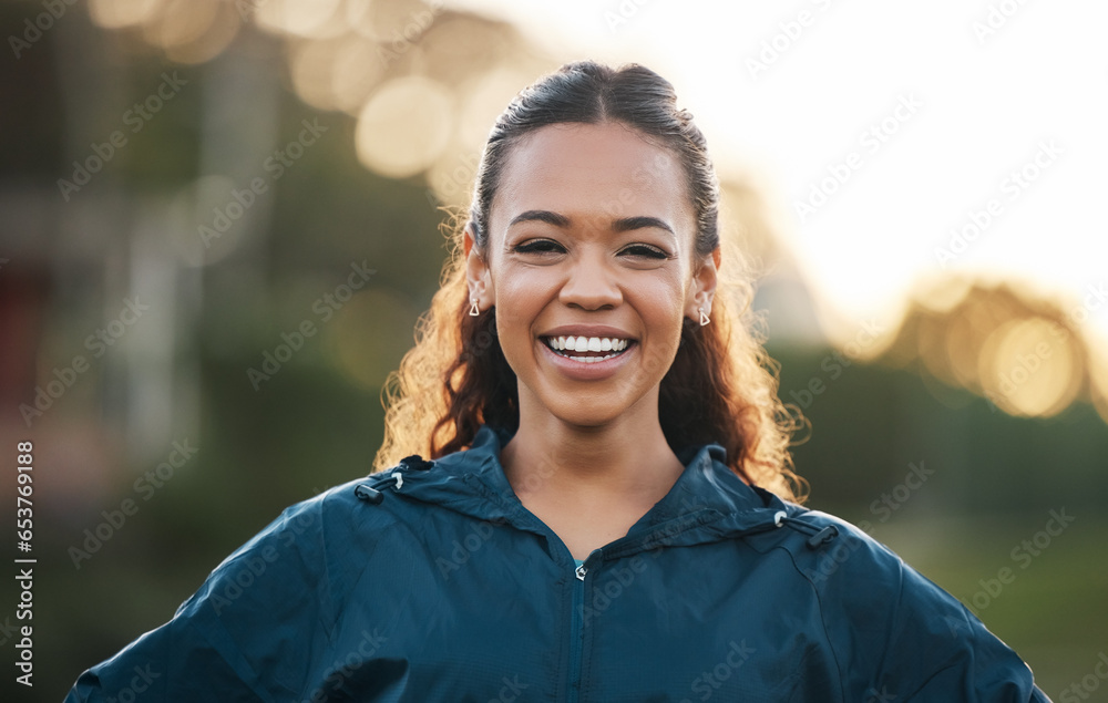 Woman coach, sports and portrait in field, smile and excited for teaching, fitness and wellness in summer. Training mentor, happy and outdoor for exercise, workout or athlete development in sunshine