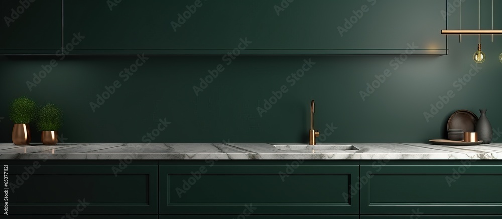 Minimalist design a dark green kitchen with cupboards double sinks and a marble island