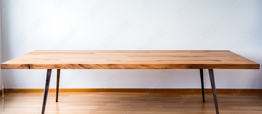Closeup of white metal leg dining table with thin oak veneer top in minimalist style