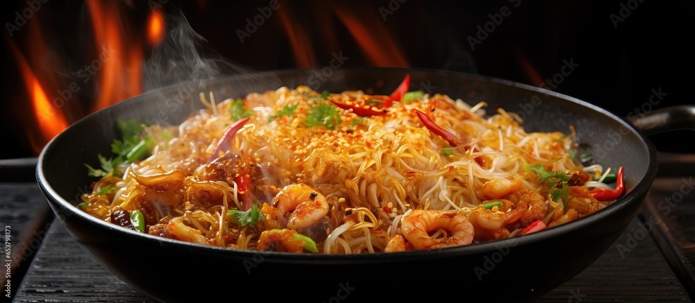 Hong Kong style stir fried noodles are cooked with high heat flames Pad Thai is a popular Thai street food made with fried rice noodles