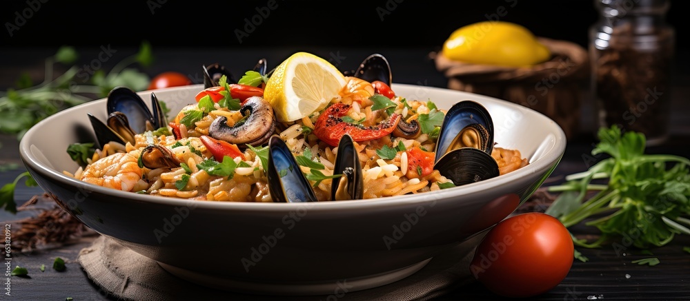 Italian seafood risotto with tomatoes