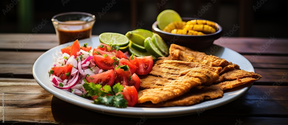 Traditional fried fish with plantain chips pico de gallo pickled onions from Lago de Yojoa