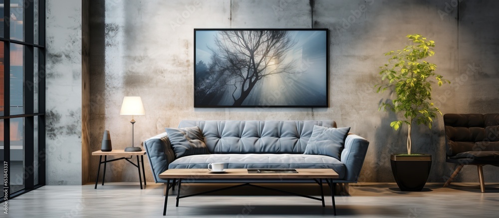 Modern luxury furniture store showcasing beautiful gray sofa and coffee table in showroom interior