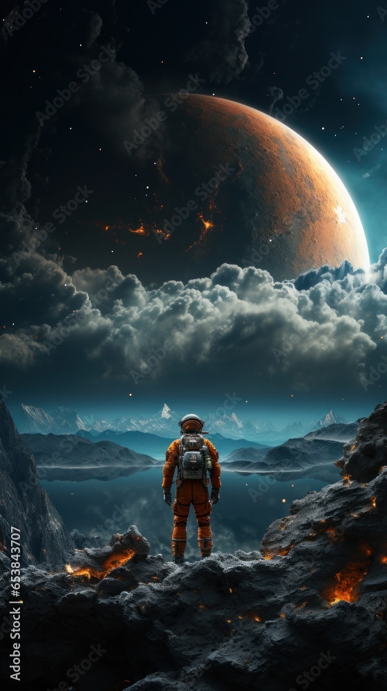 Astronaut exploring surface of a distant planet