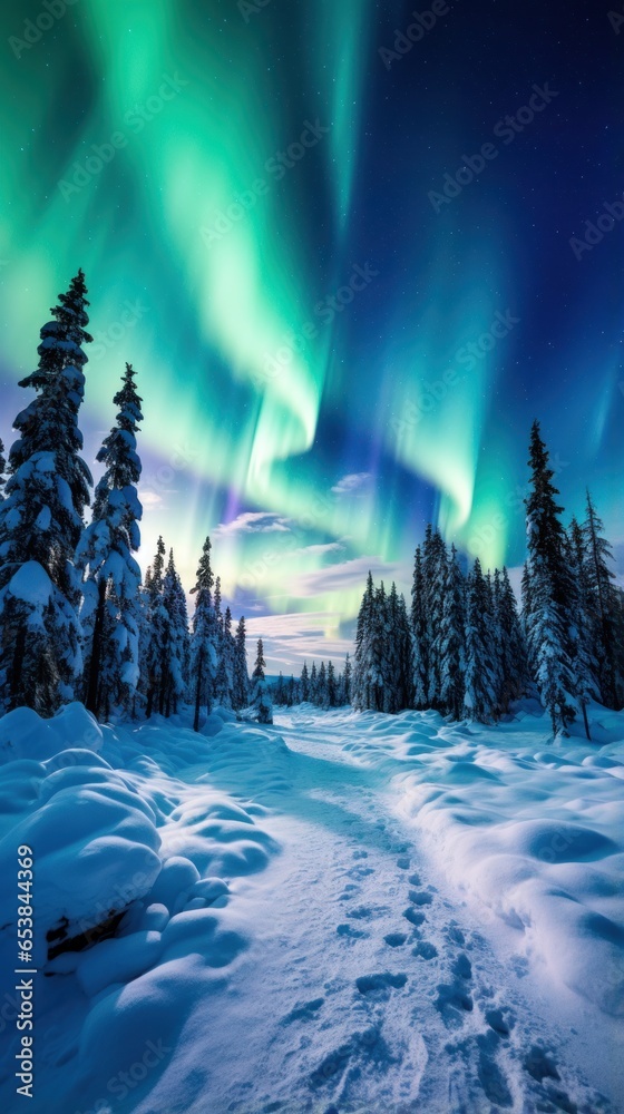 Aurora borealis over snow-covered landscape