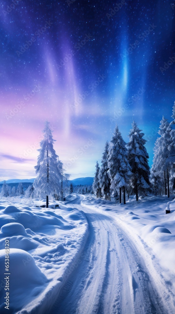 Aurora borealis over snow-covered landscape