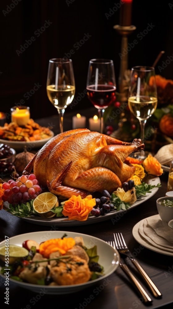 Festive table with turkey pumpkins and cornucopia