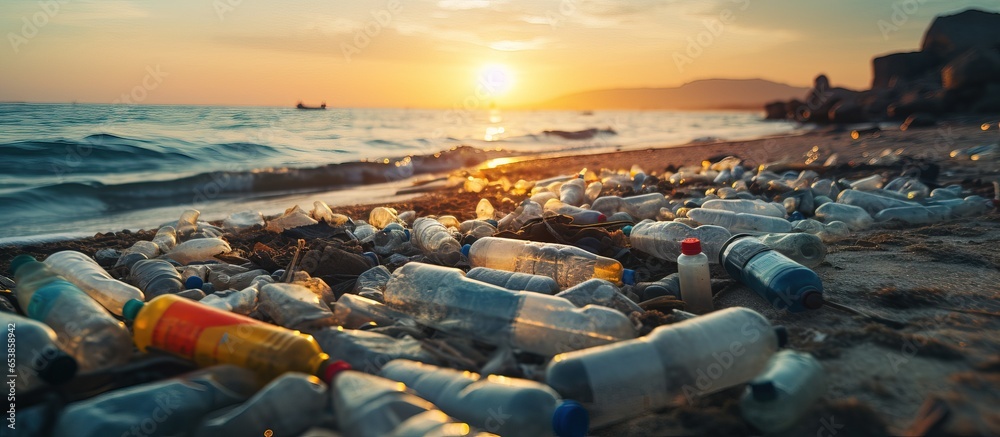 Pollution on urban beach littered trash used plastic dirty shore Black Sea pollution ecological issue Waves in background