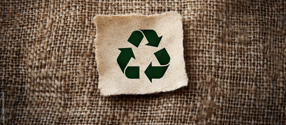 Eco friendly cotton fabric with recycled label and grass made recycling symbol in green and beige