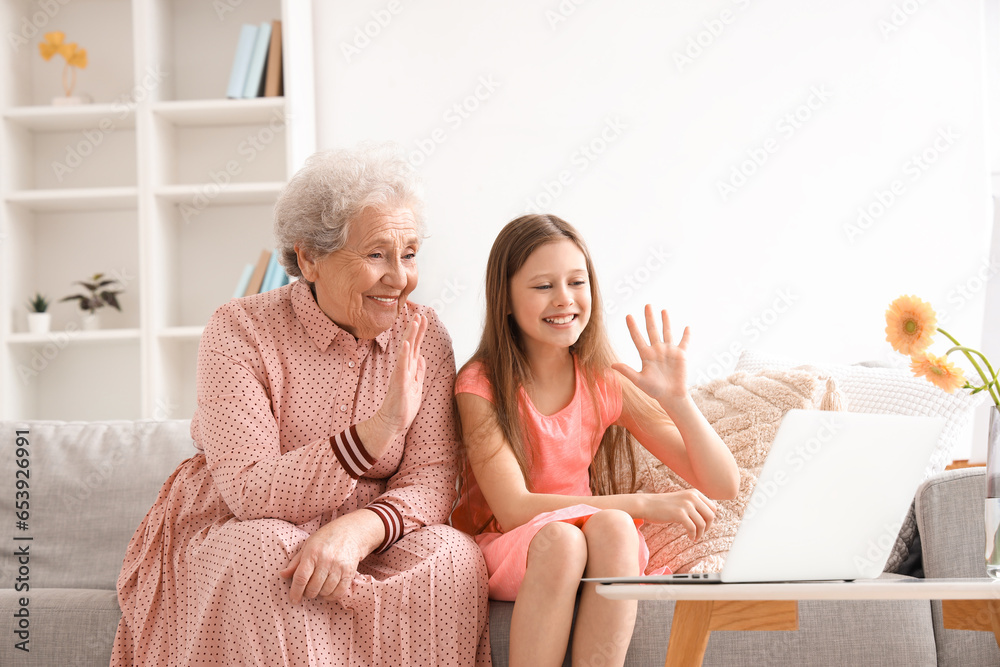 Little girl with her grandmother video chatting at home