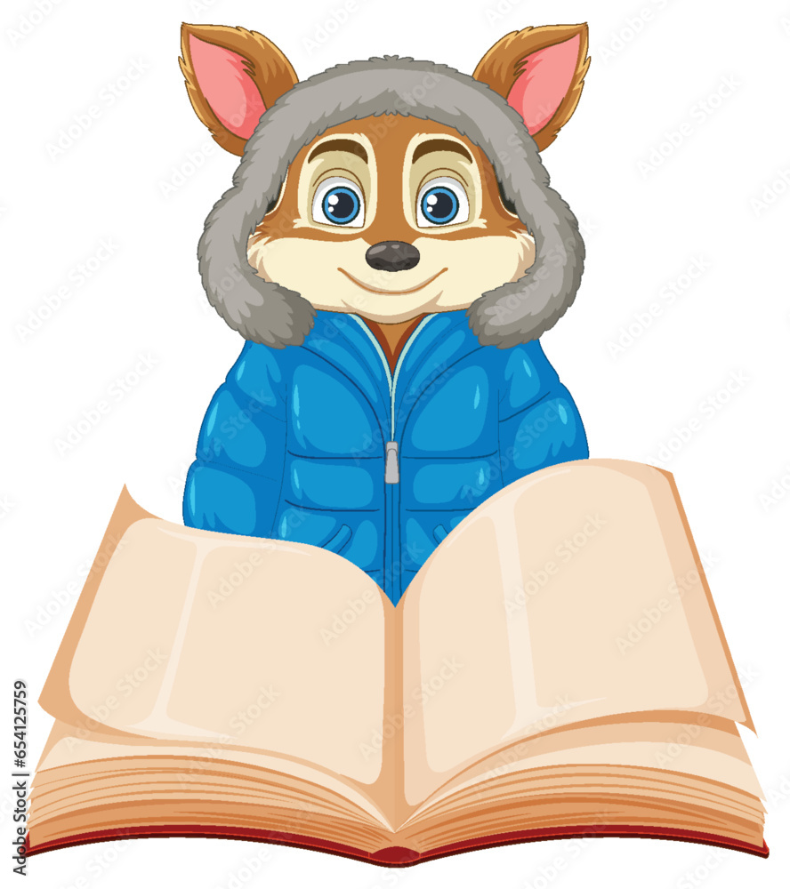 Fox Wearing Hoodie Coat Stands in Front of Book