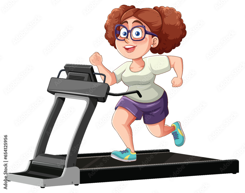 Chubby Middle-Age Woman Running on Treadmill