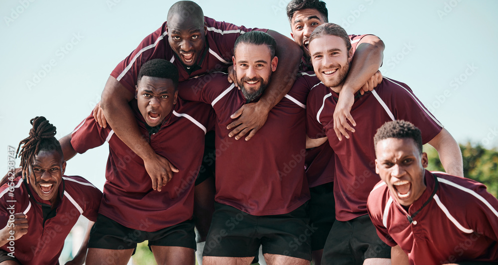 People, portrait and rugby team in celebration at field outdoor for training, exercise goal and competition. Fitness, group and men screaming for winning game, success in match and sport achievement