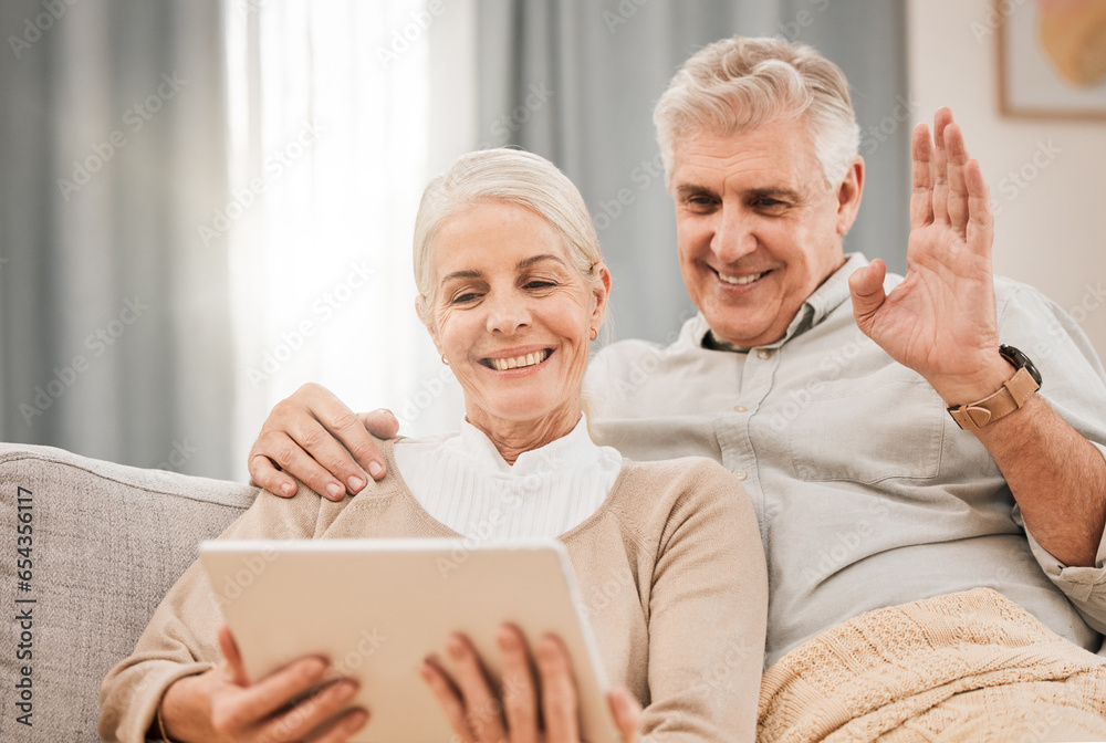 home, video call and senior couple with a tablet, greeting and wave with connection, smile and retirement. Technology, old man or elderly woman on a couch, social media and online chatting with hello